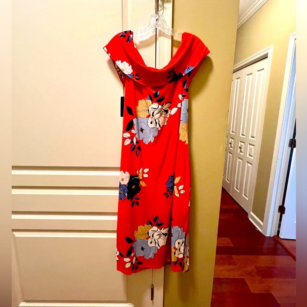 Bright and lovely Rachel dress. Orange with blue flowers. Size 1X